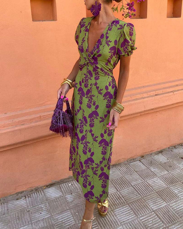 Abito midi da donna a stampa floreale con scollo a V, maniche a sbuffo, vita drappeggiata