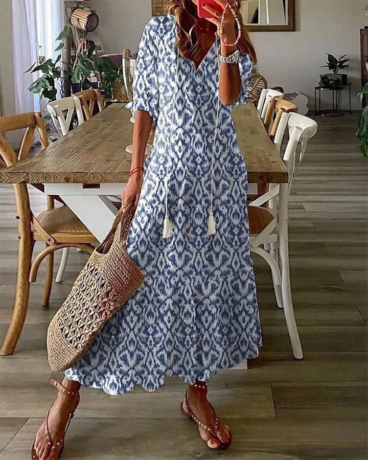 Abito midi donna multicolore scollo a V da annodare maniche corte motivi boho