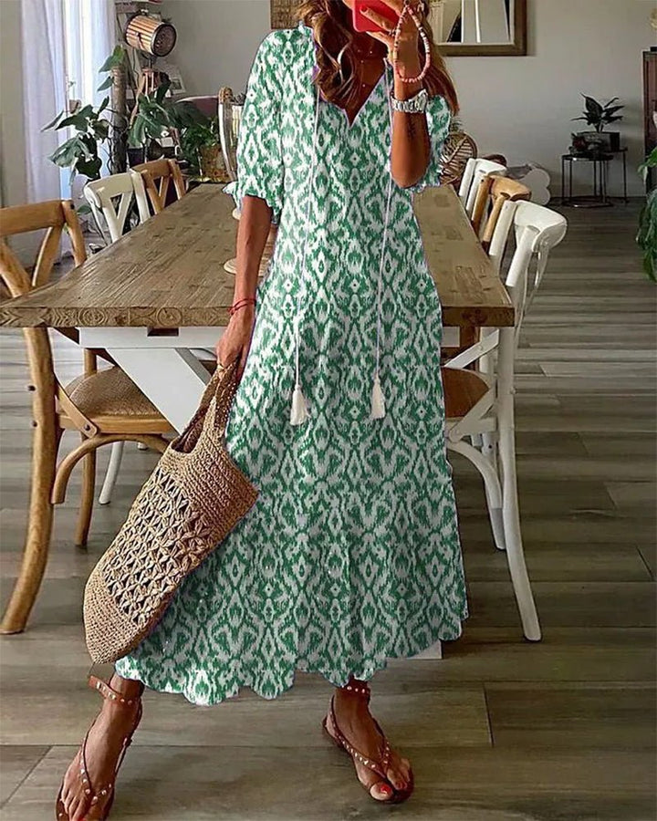 Abito midi donna multicolore scollo a V da annodare maniche corte motivi boho