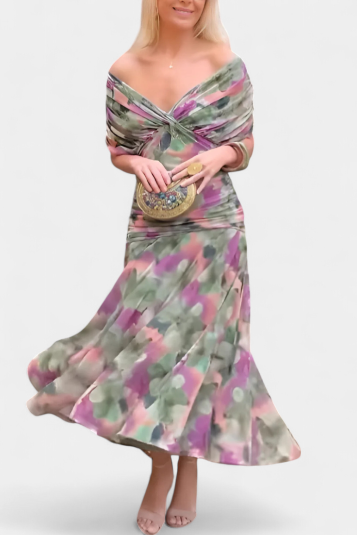 Vestito lungo donna Spalle scoperte vita arricciata scollatura intrecciata