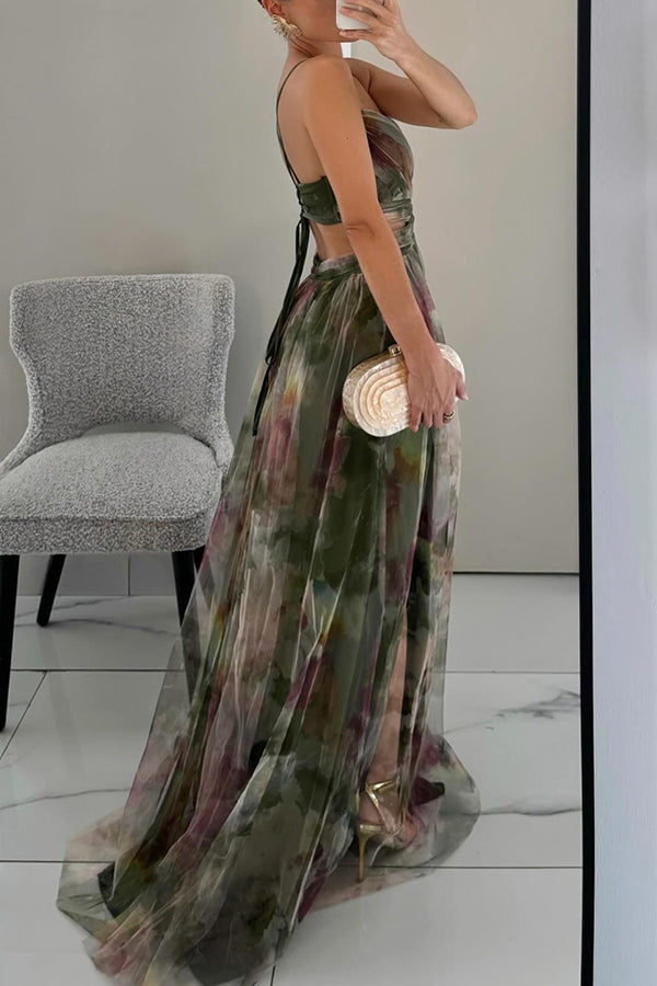 Vestito lungo da donna floreale con scollo drappeggiato, spalline sottili, vita evidenziata