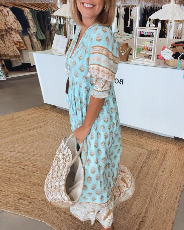 Abito midi da donna multicolore con scollo a V, maniche 3/4, stampa e volant