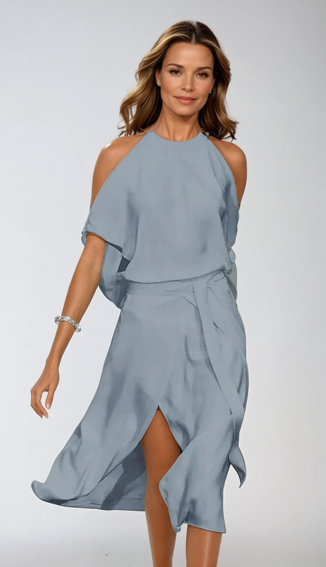 Abito midi donna con Spalle scoperte, collo alto, orlo asimmetrico