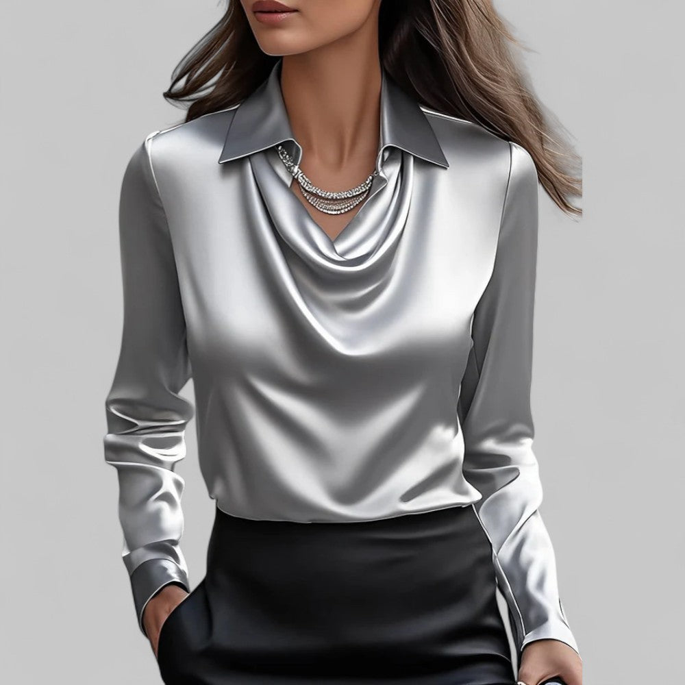 Blusa donna con colletto a camicia, colletto lavallière, linea fluida, maniche lunghe