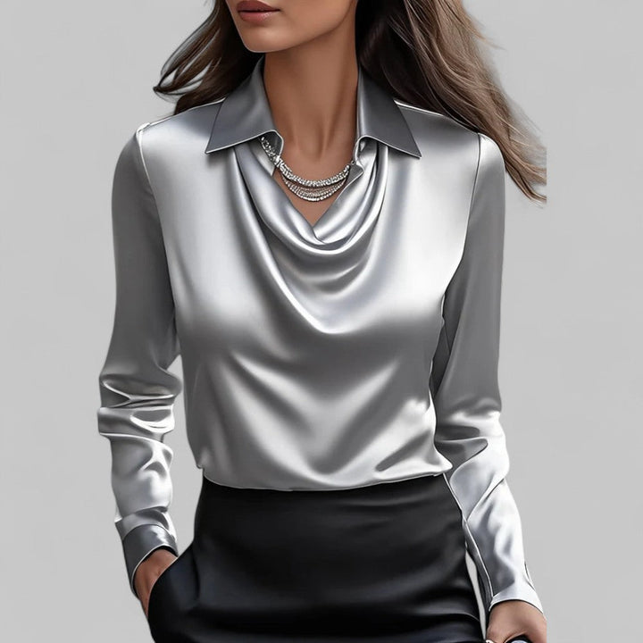 Blusa donna con colletto a camicia, colletto lavallière, linea fluida, maniche lunghe
