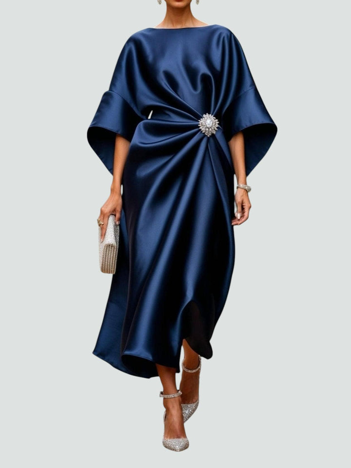 Abito midi da donna con maniche a pipistrello, drappeggiato, arricciato con spilla