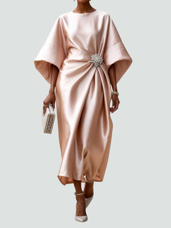 Abito midi da donna con maniche a pipistrello, drappeggiato, arricciato con spilla