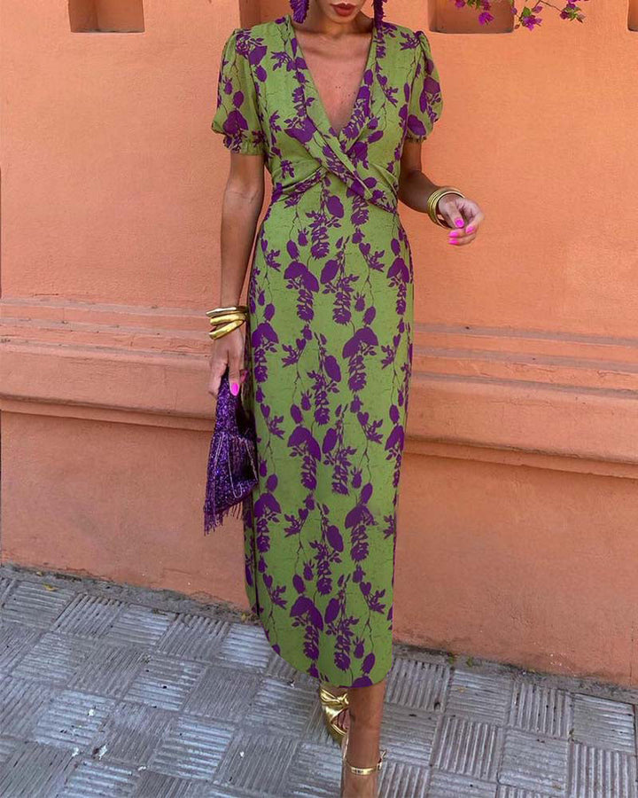 Abito midi da donna a stampa floreale con scollo a V, maniche a sbuffo, vita drappeggiata