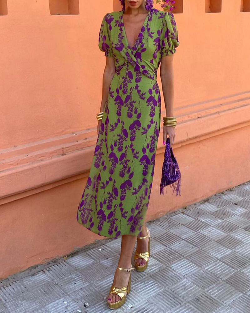 Abito midi da donna a stampa floreale con scollo a V, maniche a sbuffo, vita drappeggiata