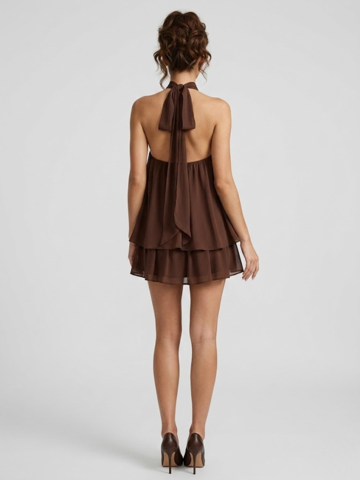 Vestito corto da donna con collo alto all'americana, schiena nuda e volant a balze