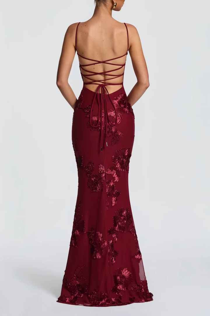 Vestito lungo donna bustier schiena scoperta con lacci ricami floreali a tubino