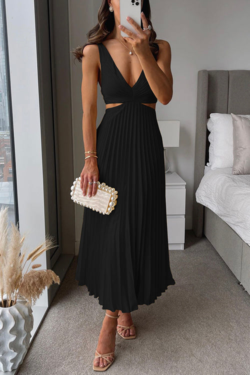 Abito midi da donna scollo a V bretelle sottili plissettato con cut-out vita aderente