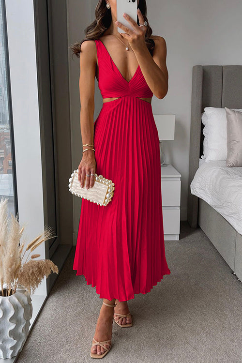 Abito midi da donna scollo a V bretelle sottili plissettato con cut-out vita aderente