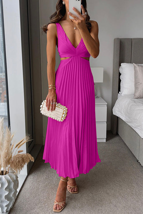 Abito midi da donna scollo a V bretelle sottili plissettato con cut-out vita aderente
