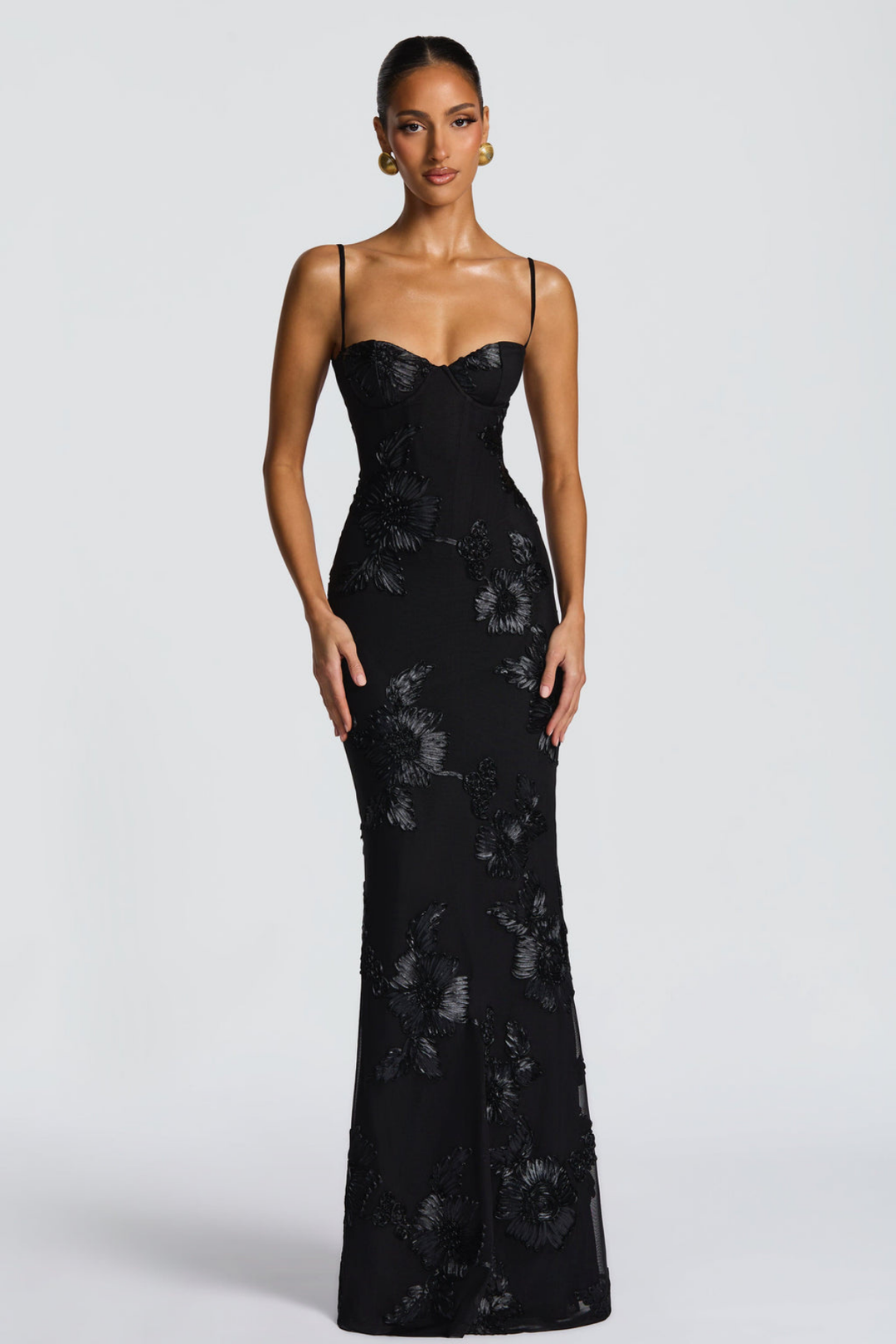 Vestito lungo donna bustier schiena scoperta con lacci ricami floreali a tubino