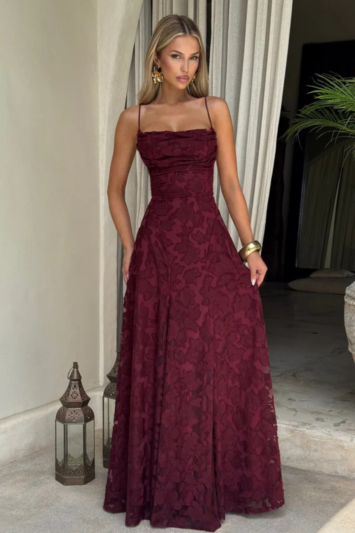 Vestito lungo donna spalline sottili scollo a cascata schiena scoperta con lacci