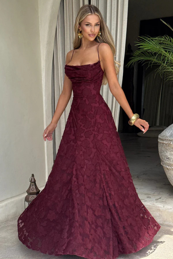Vestito lungo donna spalline sottili scollo a cascata schiena scoperta con lacci