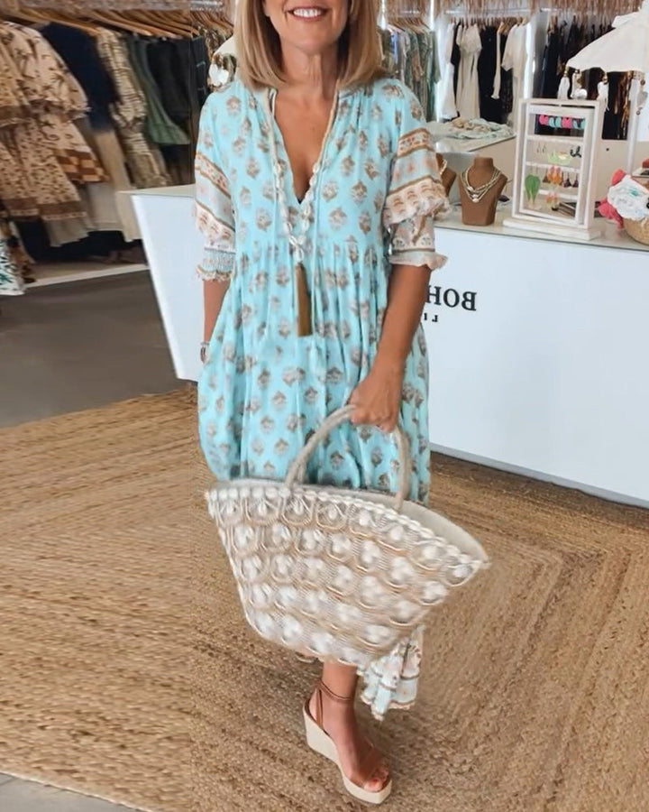 Abito midi da donna multicolore con scollo a V, maniche 3/4, stampa e volant