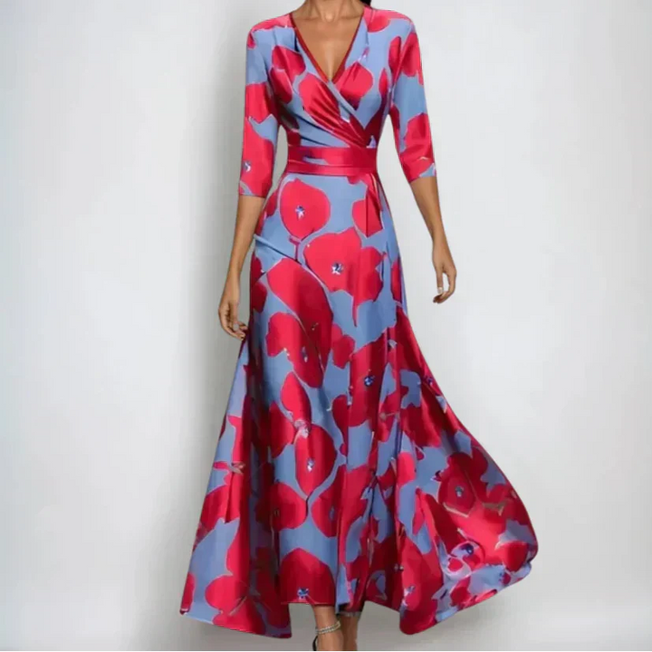 Vestito lungo donna incrociato cache-cœur con scollo a V, maniche 3/4, stampa floreale multicolore