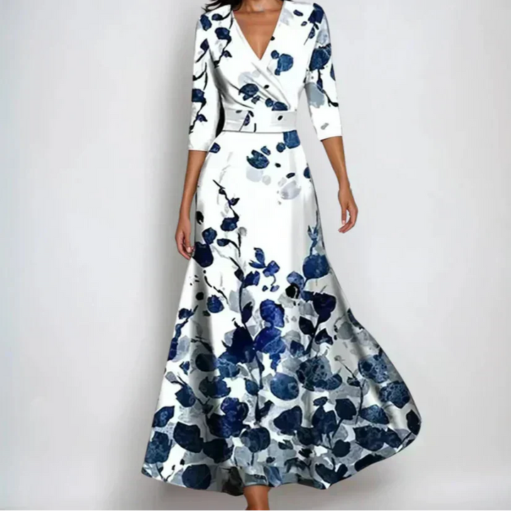 Vestito lungo donna incrociato cache-cœur con scollo a V, maniche 3/4, stampa floreale multicolore