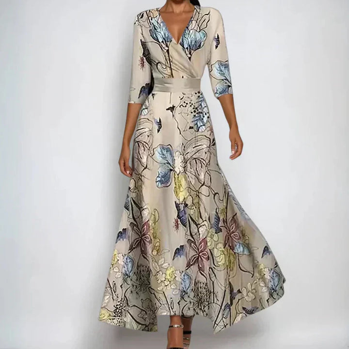 Vestito lungo donna incrociato cache-cœur con scollo a V, maniche 3/4, stampa floreale multicolore