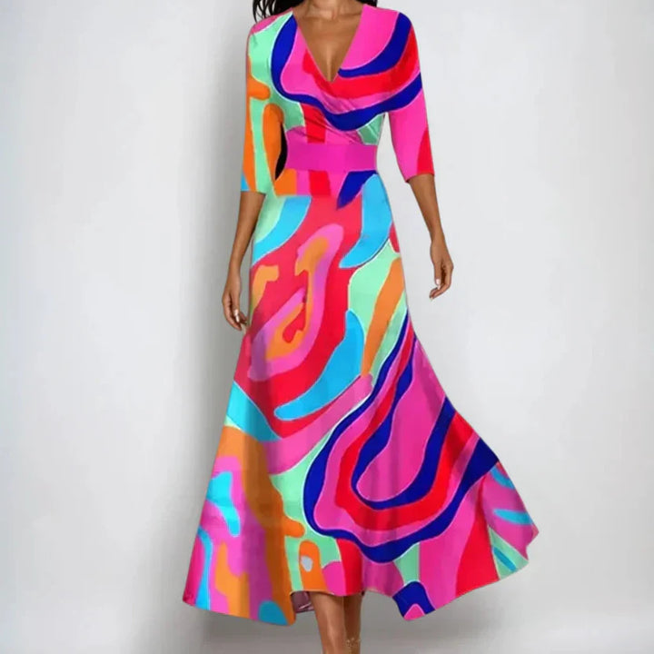 Vestito lungo donna incrociato cache-cœur con scollo a V, maniche 3/4, stampa floreale multicolore