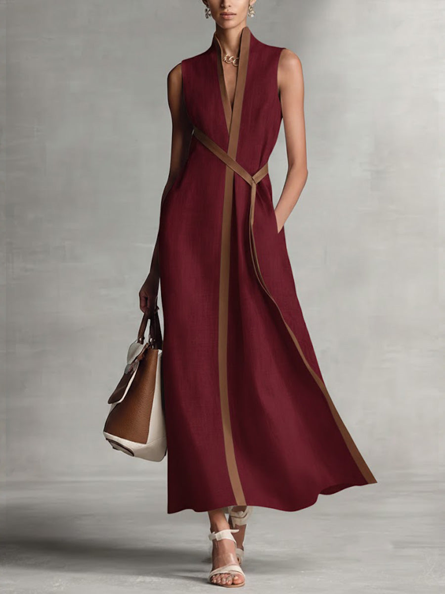 Abito midi da donna senza maniche, bordo a contrasto, scollo a V, cintura