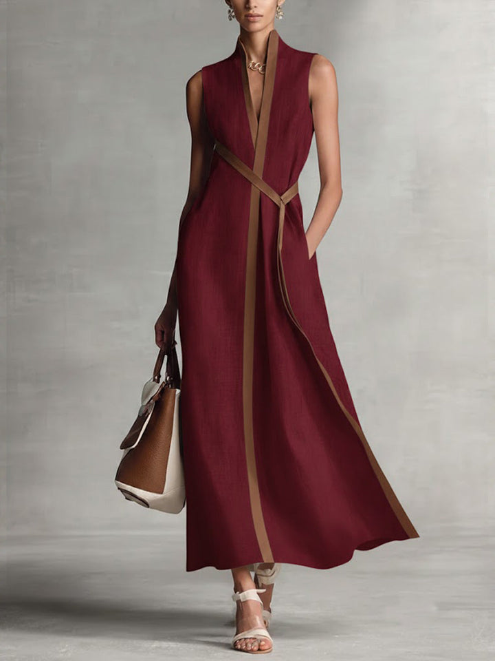 Abito midi da donna senza maniche, bordo a contrasto, scollo a V, cintura