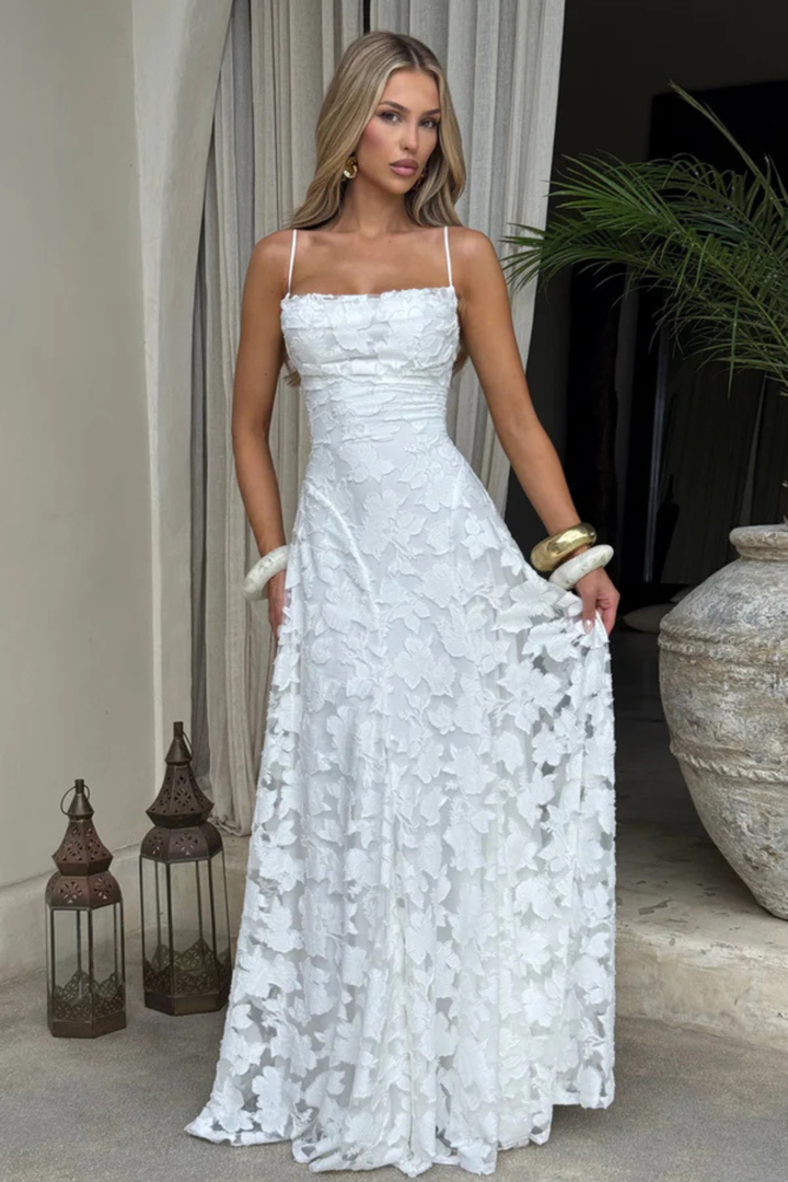 Vestito lungo donna spalline sottili scollo a cascata schiena scoperta con lacci