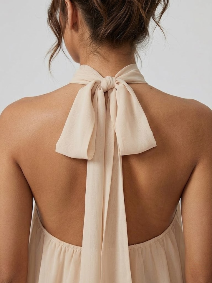 Vestito corto da donna con collo alto all'americana, schiena nuda e volant a balze