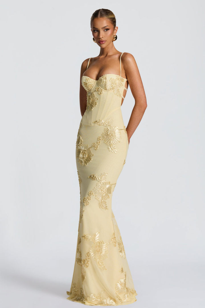 Vestito lungo donna bustier schiena scoperta con lacci ricami floreali a tubino