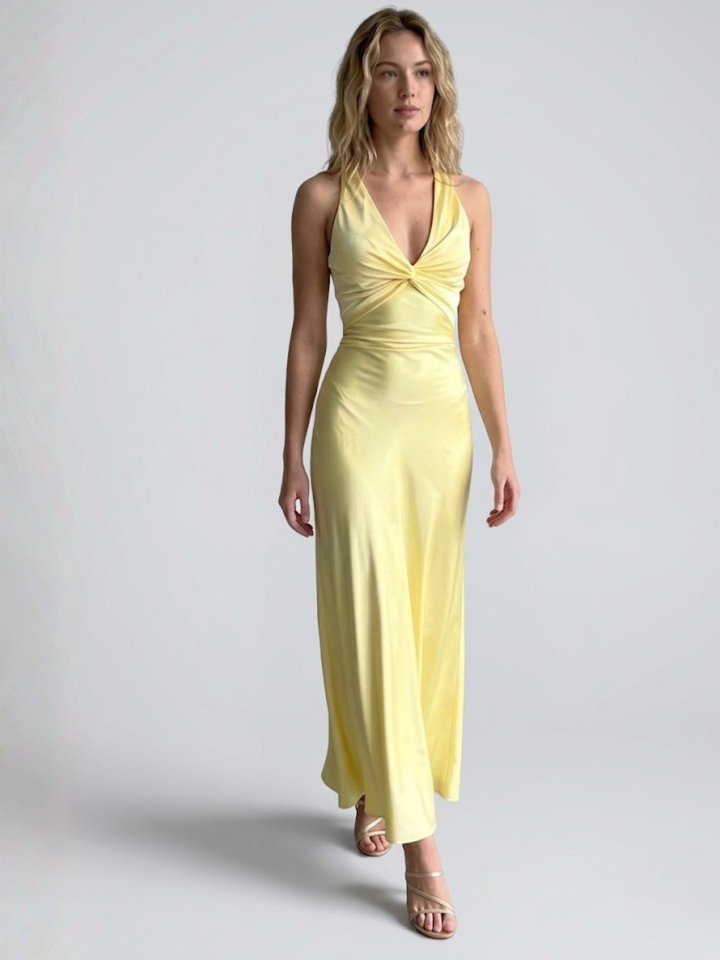 Vestito lungo da donna con scollo a V intrecciato, cut-out laterali, schiena scoperta da annodare