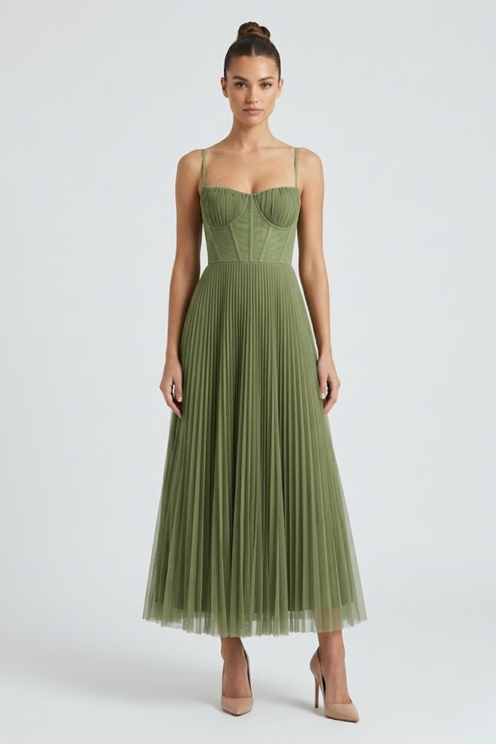 Abito midi donna bustier spalline sottili gonna plissettata in tulle