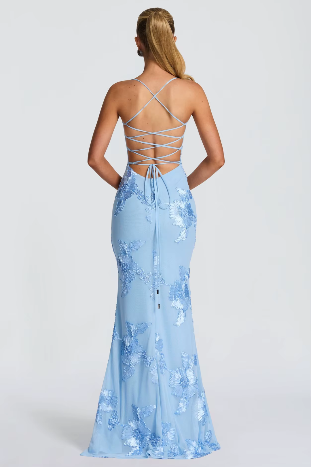Vestito lungo donna bustier schiena scoperta con lacci ricami floreali a tubino