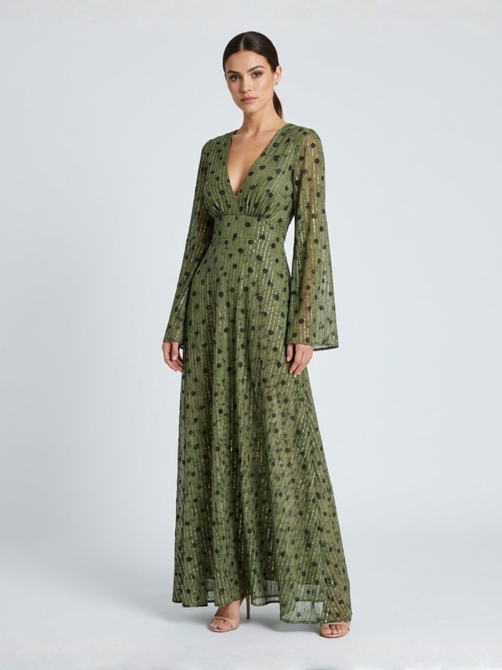 Vestito lungo da donna verde con motivo a pois e linee brillanti, scollo a V, maniche svasate