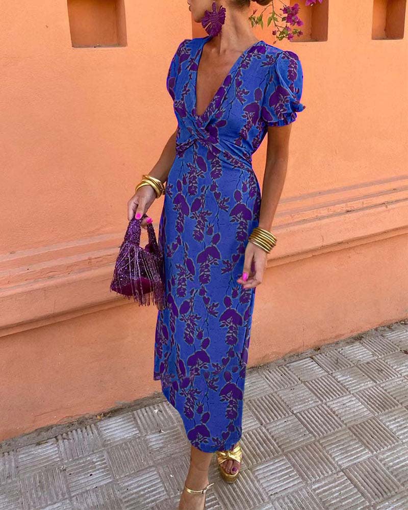 Abito midi da donna a stampa floreale con scollo a V, maniche a sbuffo, vita drappeggiata