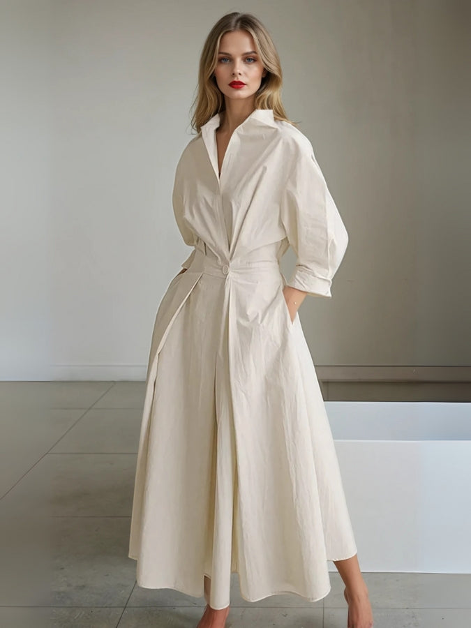 Abito midi da donna con colletto a camicia a V, maniche 3/4, plissettato, vita aderente e tasche
