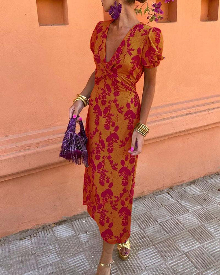 Abito midi da donna a stampa floreale con scollo a V, maniche a sbuffo, vita drappeggiata
