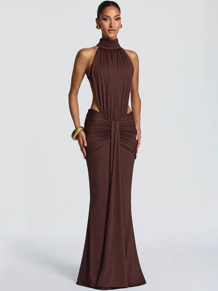 Vestito lungo da donna con collo alto, taglio halter, aperture laterali, schiena scoperta