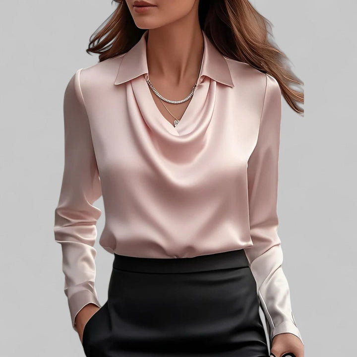Blusa donna con colletto a camicia, colletto lavallière, linea fluida, maniche lunghe
