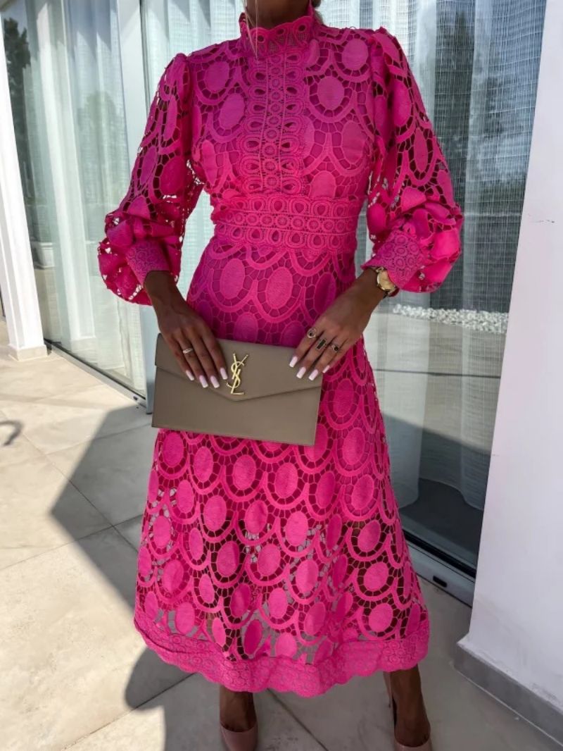Abito midi donna collo alto pizzo traforato maniche lunghe a sbuffo