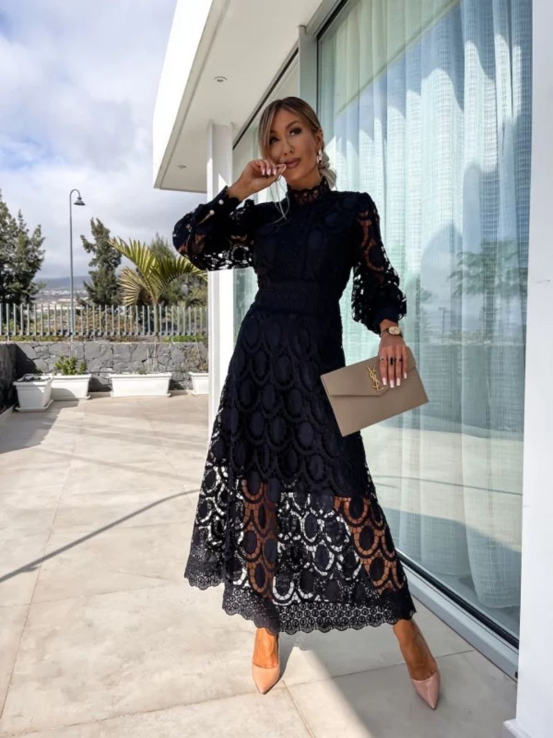 Abito midi donna collo alto pizzo traforato maniche lunghe a sbuffo