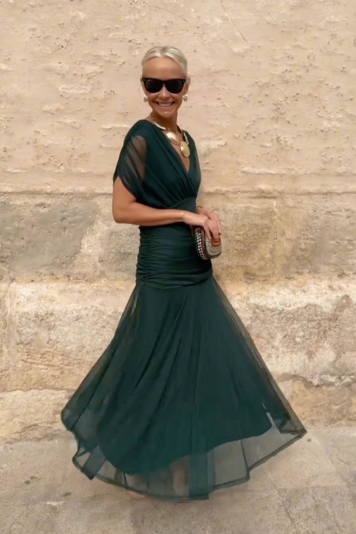 Vestito lungo da donna con scollo a V drappeggiato, maniche corte, vita arricciata, gonna fluida