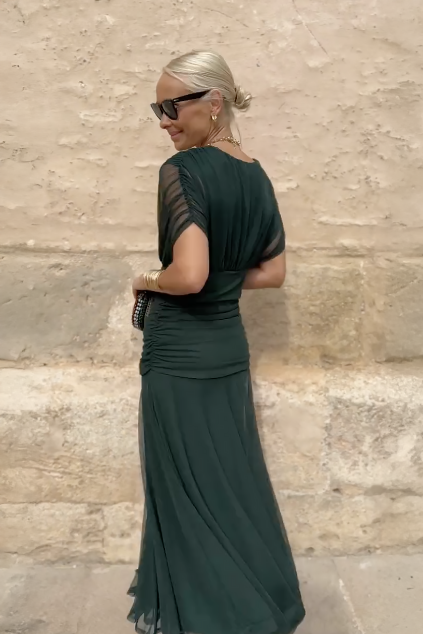 Vestito lungo da donna con scollo a V drappeggiato, maniche corte, vita arricciata, gonna fluida