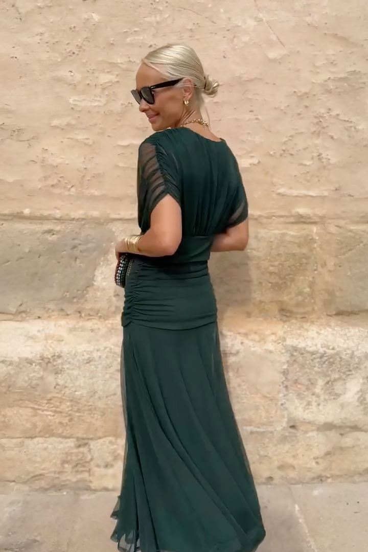 Vestito lungo da donna con scollo a V drappeggiato, maniche corte, vita arricciata, gonna fluida