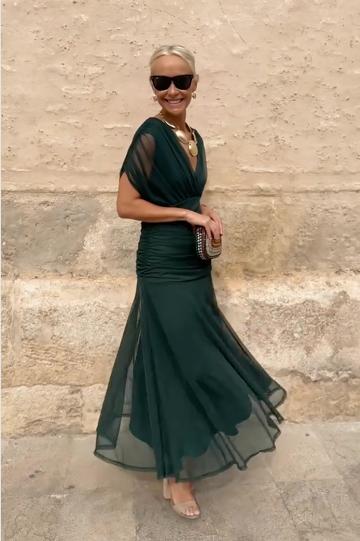 Vestito lungo da donna con maniche drappeggiate, scollo incrociato, vita arricciata, multicolore