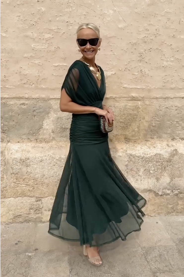 Vestito lungo da donna con scollo a V drappeggiato, maniche corte, vita arricciata, gonna fluida