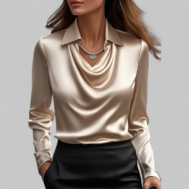 Blusa donna con colletto a camicia, colletto lavallière, linea fluida, maniche lunghe