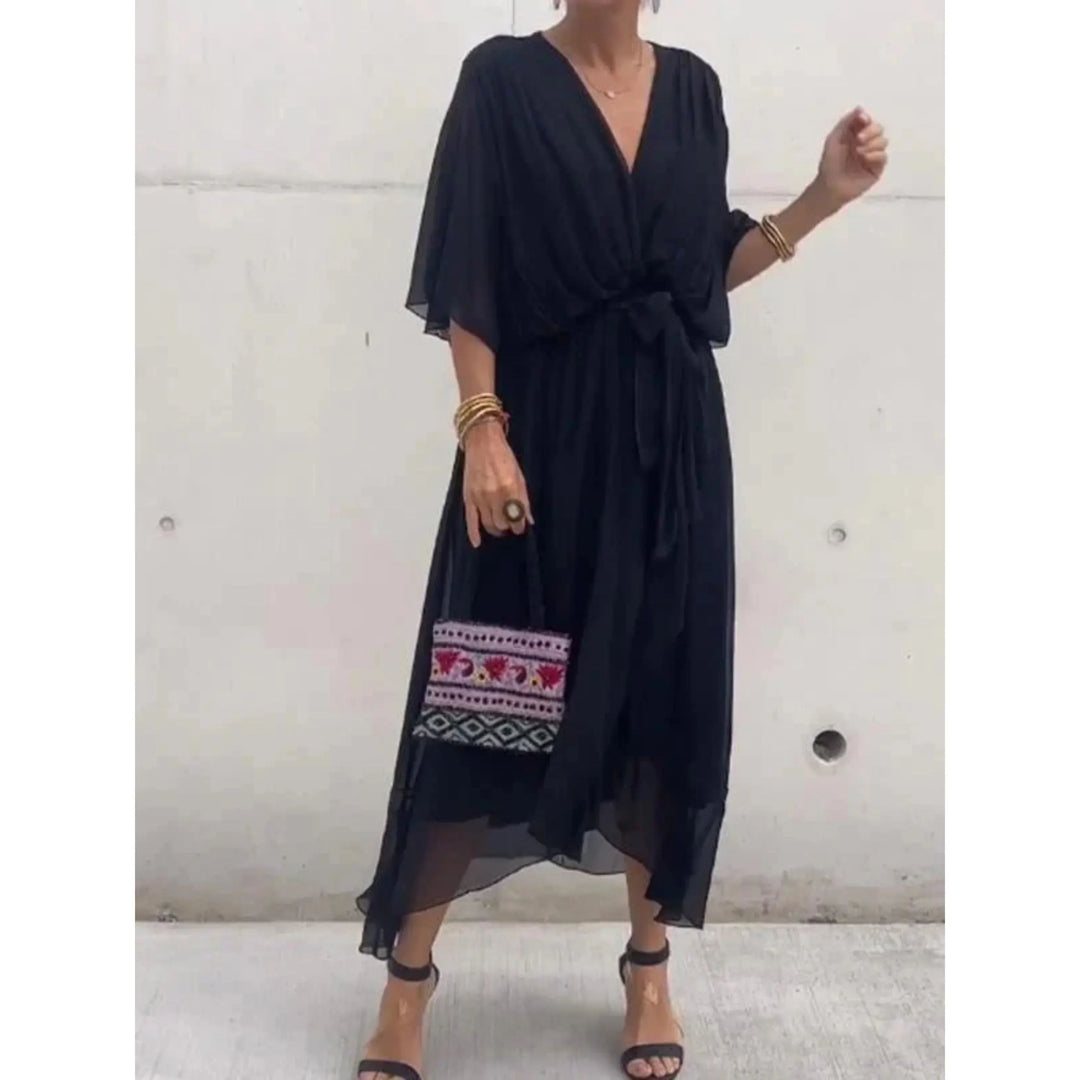 Abito midi donna scollo a V con cintura maniche a pipistrello