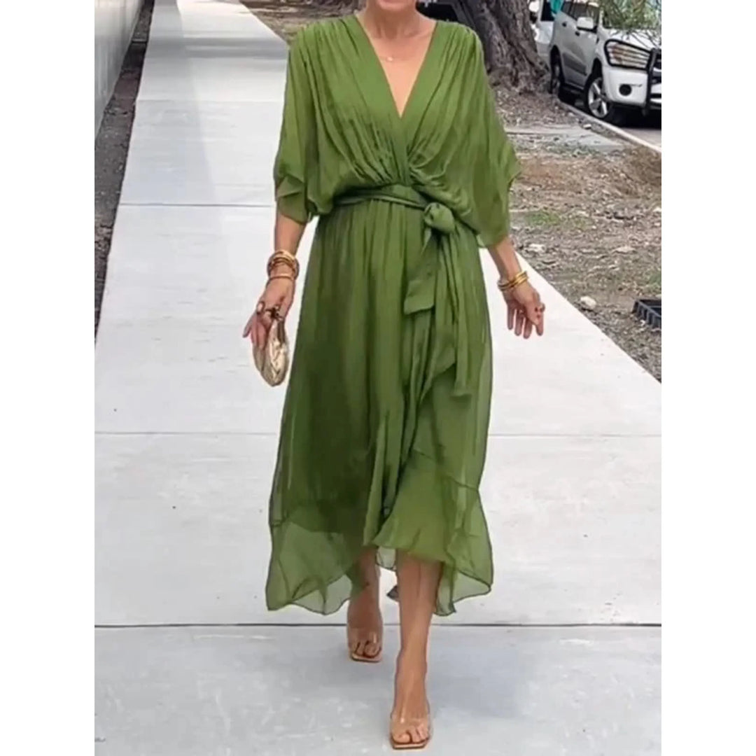 Abito midi donna scollo a V con cintura maniche a pipistrello